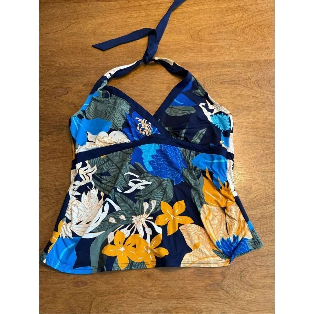 Lands' End Women's Tropical Floral Halter Neck Tankini Top Multicolor Medium